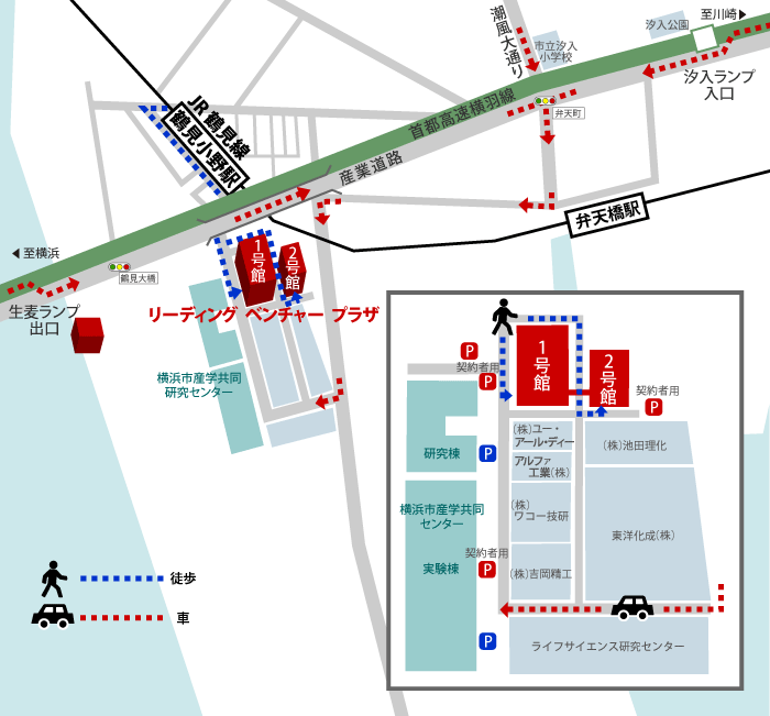 横浜新技術創造館リーディングベンチャープラザの地図。徒歩での経路と自動車での経路説明。