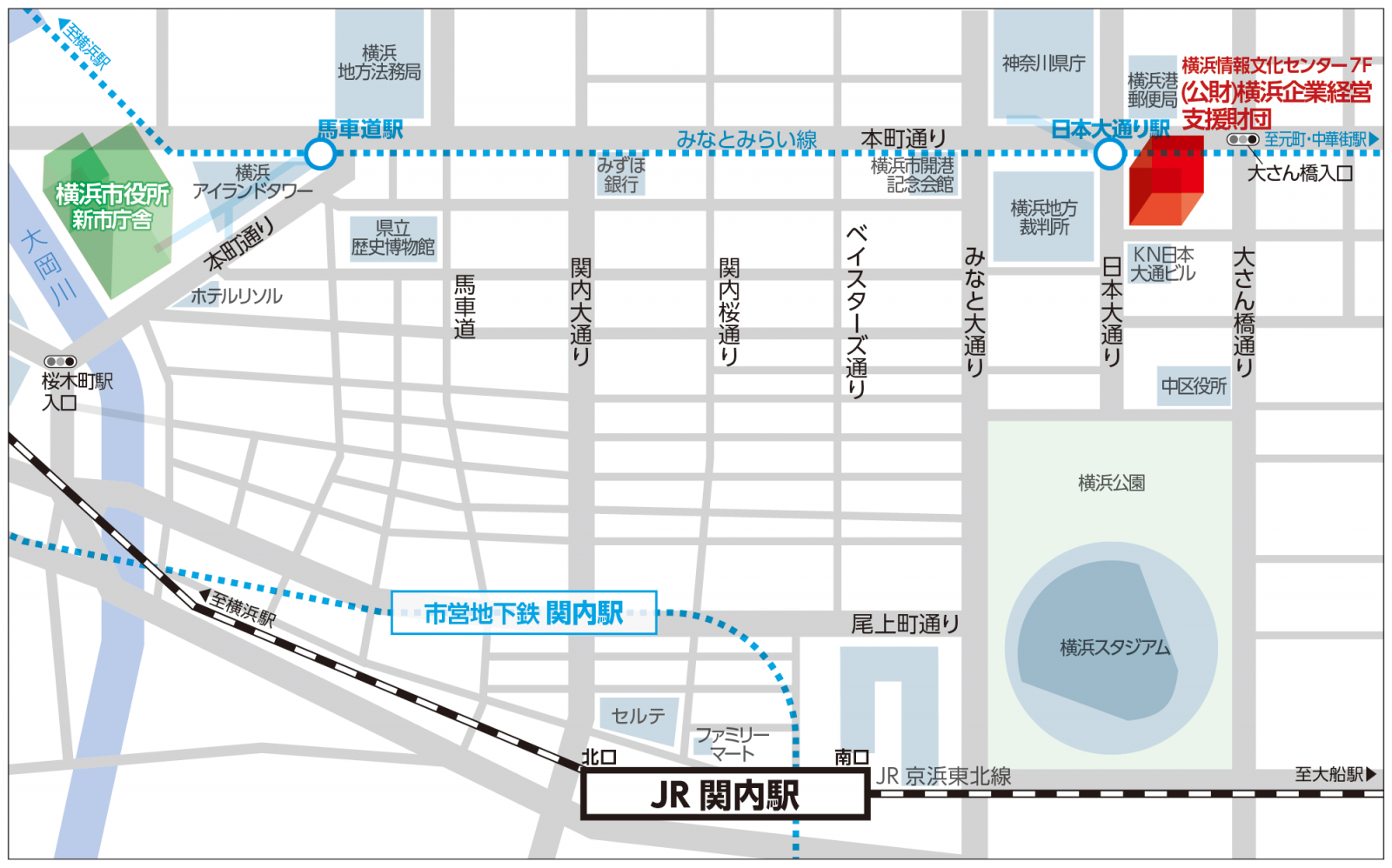 横浜企業経営支援財団の地図。横浜公園(横浜スタジアム)の近辺であることがわかる