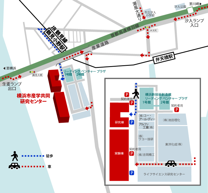 横浜市産学共同研究センターの地図。徒歩での経路と自動車での経路説明。