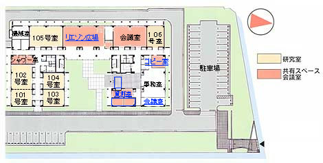 駐車場および1階の間取り。101号室から106号室、会議室、コピー室などがある