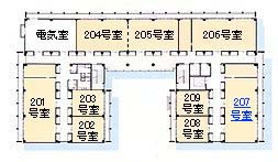 2階の間取り。201号室から207号室がある