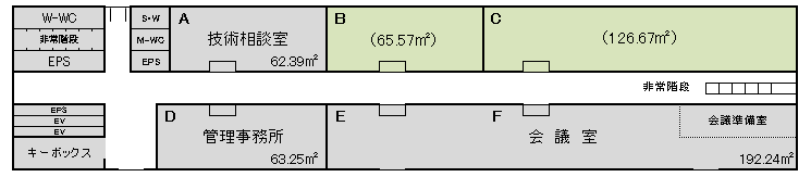 1階の間取り図。A〜Fの部屋がある。Aは技術相談室、B、Cはラボ。Dは管理事務所、EFが会議室