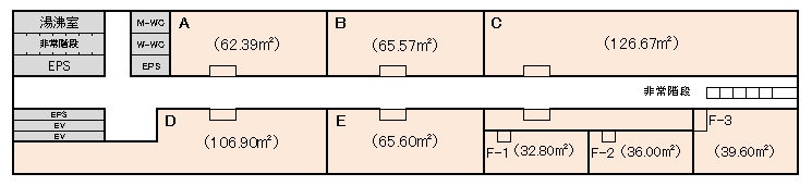 5階の間取り図。A〜Fの部屋があり、すべてオフィス。FのみF1〜F3に分割されている