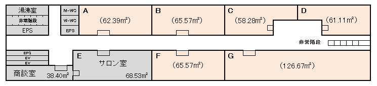 6階の間取り図。A〜Gの部屋があり、Eのみサロン室となっているが、E以外はオフィス