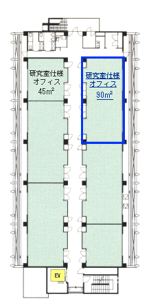 6つの研究室仕様のオフィスがある。オフィスには45㎡のものと、90㎡のものがある2階