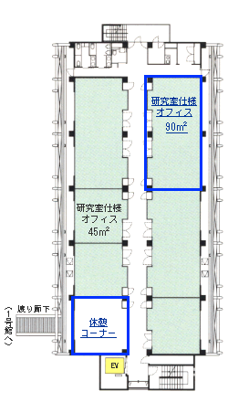 6つの研究室仕様のオフィスがある。オフィスには45㎡のものと、90㎡のものがある3階。渡り廊下と休憩コーナもある
